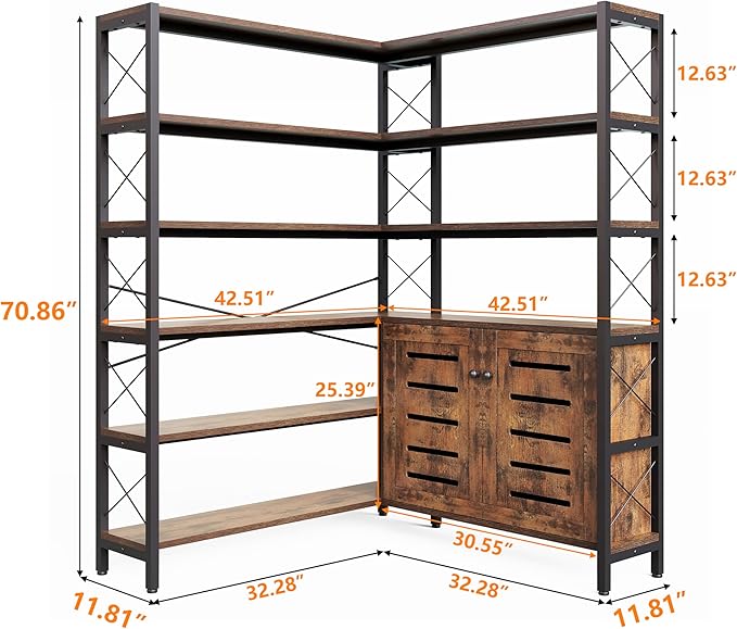 Corner Bookshelves and Bookcases Industrial Corner Etagere Bookcase L Shaped Shelf 6 Tiers with Metal Frame for Living Room Home Office