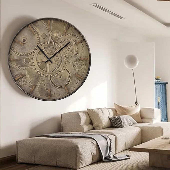 20 Inch Large Wall Clocks for Living Room Decor with Moving Gears,Silent Wall Clock Industrial Steampunk,Decorative Rustic Clocks for Farmhouse Home Battery Operated