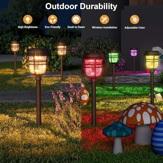 XMCOSY+ Solar Pathway Lights Outdoor 6 Pack, 2 Lighting Modes Warm White & RGB Auto Color Changing LED Solar Powered Garden Lights IP65 Waterproof for Yard Walkway Driveway Landscape Lawn Decorative