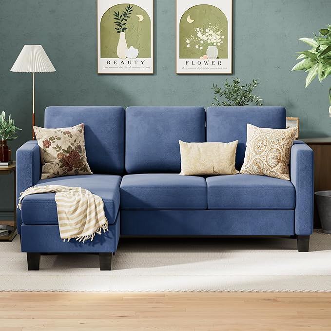 VICTONE Convertible Sectional Sofa Couch, 3 Seat L-Shaped Sofa with Linen Fabric Ottoman Small Couch for Small Apartments, Living Room and Office (Linen Fabric, Blue)