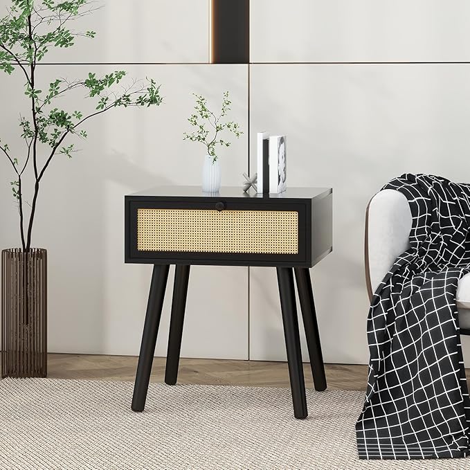IBUYKE Hidden Compartment Nightstands, Rattan Nightstand with Wood Legs, Boho Side Table Concealment Furniture, Bedside End Table for Bedroom, Easy Assembly, Black UWNS010B