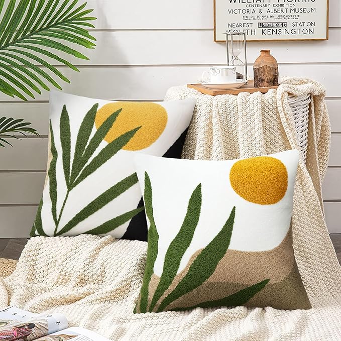 Merrycolor Boho Decorative Throw Pillow Covers Abstract Tufted Mid Century Modern Throw Pillows Leaf Sun Aesthetic Textured Pillow Cover Green Decorative Throw Pillows for Bed Couch Sofa,18x18
