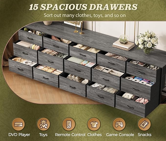 Huuger 78.7 inch Long Dresser for Bedroom, 15 Drawer Fabric Dresser for Closet, Large TV Stand for 65, 75, 85 inch TV, Wide Chest of Drawer with Storage, 78.7" W x 12.9" D x 26.7" H, Grey