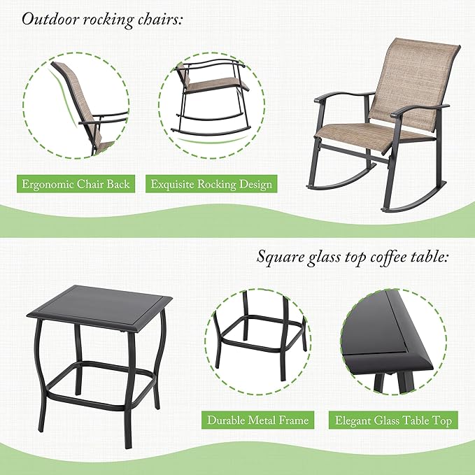 Shintenchi Rocking Chair Outdoor with Table, 3 Piece Rocking Patio Bistro Set, Outdoor Furniture Set with Metal Frame and Textilene Fabric for Small Space, Brown
