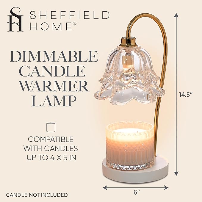 Sheffield Home Glass Candle Warmer Lamp – 15" White, Clear Floral Glass Shade, Elegant Flameless Wax Melter for Long-Lasting Fragrance, Stylish Home Décor