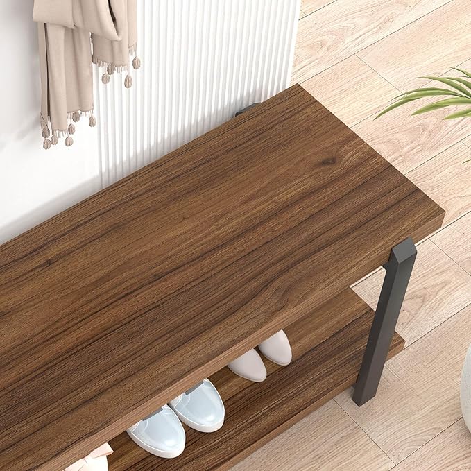 FOLUBAN Entryway Bench with Shoe Storage, Modern End of Bed Bench, Wood and Metal Entry Bench for Hallway Front Door Entrance, Industrial Indoor Bench for Bedroom Living Room, Rustic Walnut, 47 Inch