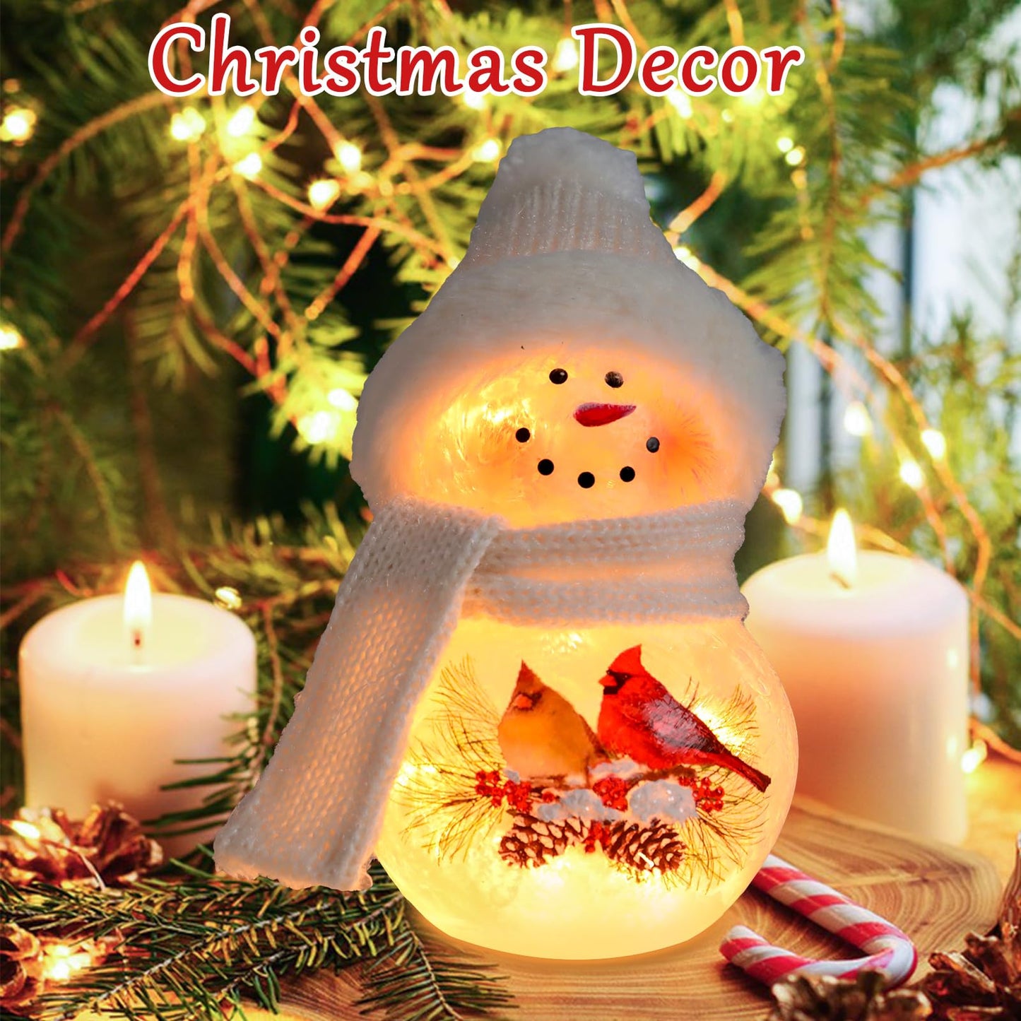 VCUTEKA Crackle Glass Snowman Lamp, Lighted Stained Glass Christmas Decoration with Red Cardinals, White Scarf and Hat, LED Holiday Night Light for Xmas Home Décor or Gift