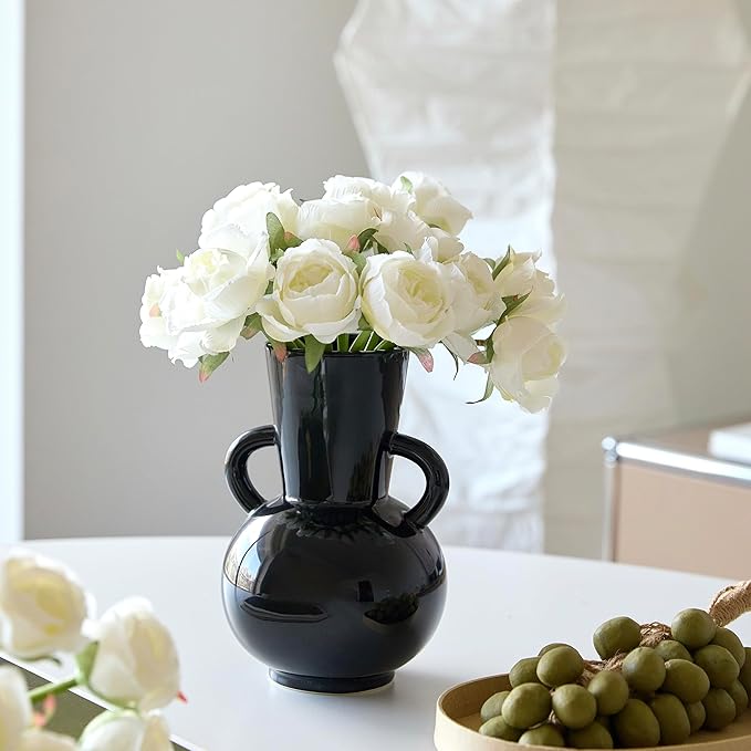 7 Inch Black Ceramic Vase with 2 Handles, Modern Flower Vase Decorative Vases for Bouquet, Unique Vases for Home Decor Farmhouse Living Room Table Centerpieces Wedding Decorations