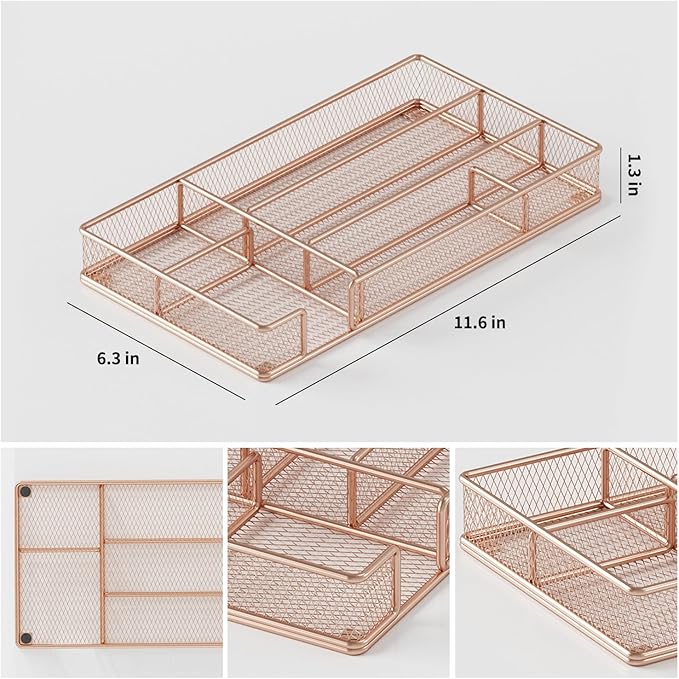 Desk Drawer Organizer Tray, Mesh Desk Organizer, Office Drawer Organizer, Desk Accessories & Workspace Organizers, Suitable for Tools, Pencils, Office Supplies Storage (Rose Gold)