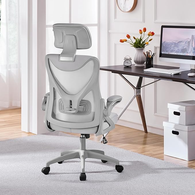 Yaheetech Ergonomic Mesh Office Chair, High Back Desk Chair with with flip-up Armrests, Adjustable Padded Headrest Computer Chair with Lumbar Support for Home Oiffce Game Room, Full Gray