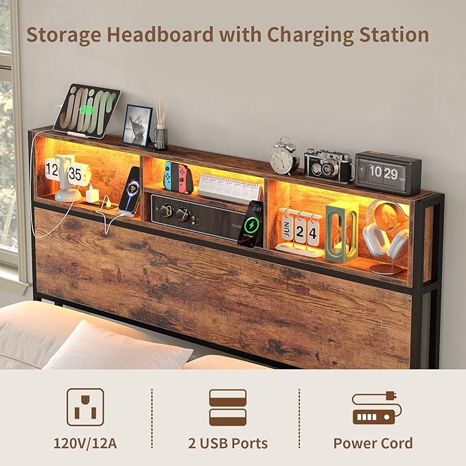 Full Size Bed Frame with LED Headboard & Charging Ports, Rustic Wood Platform Full Bed Frame, 6 Storage Drawers and Display Shelf, Heavy-Duty Metal Frame, No Box Spring Needed, Brown