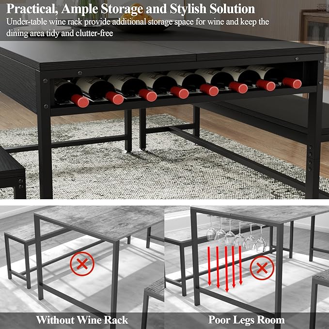 Loomie 63" Dining Table Set for 4-6, 3-Piece Kitchen Table with 2 Utensil Drawers, 2 Benches & Wine Rack, Modern Space Saving & Heavy Duty Dinner Table Set with Metal Frame & MDF Board,Black