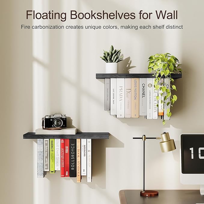 Floating Bookshelves for Wall, Rustic Wood Hanging Wall Bookshelf, Upside Down Book Shelf and Wall Mounted Bookshelves for Home Decor in Bedroom, Living Room, Black 2 Pack