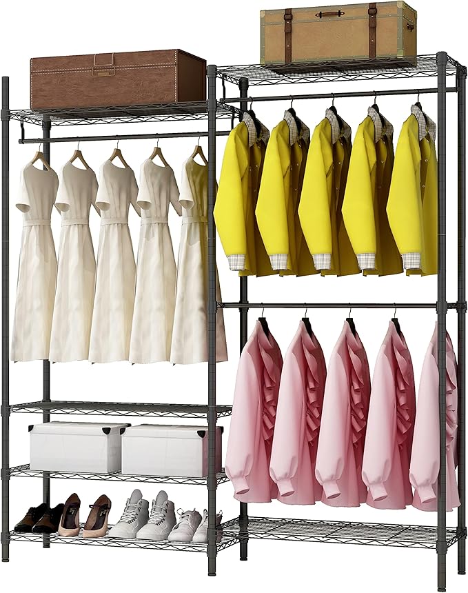 XIOFIO Heavy Duty Garment Rack, Metal Clothing Rack with 3 Hanging Rods and 6 Adjustable Shelves, Freestanding Open Wardrobe Organizer for Hanging Clothes,54"L x 16.5"W x 76.7"H Max Load 600LBS, Black