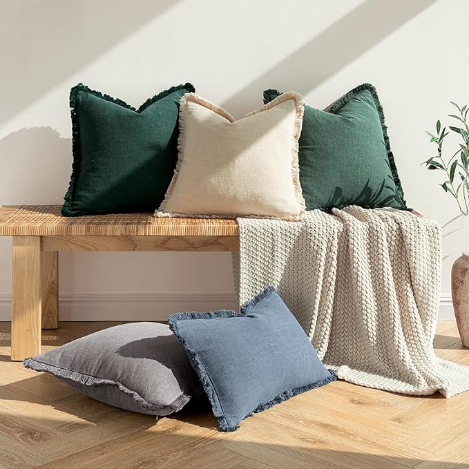 MIULEE Decorative Throw Pillow Covers Neutral Linen Fringe Throw Pillows Euro Shams Set of 2 Army Green Boho Farmhouse Cushion Covers for Couch Sofa Bed Living Room Spring Home Decor 22x22 Inch