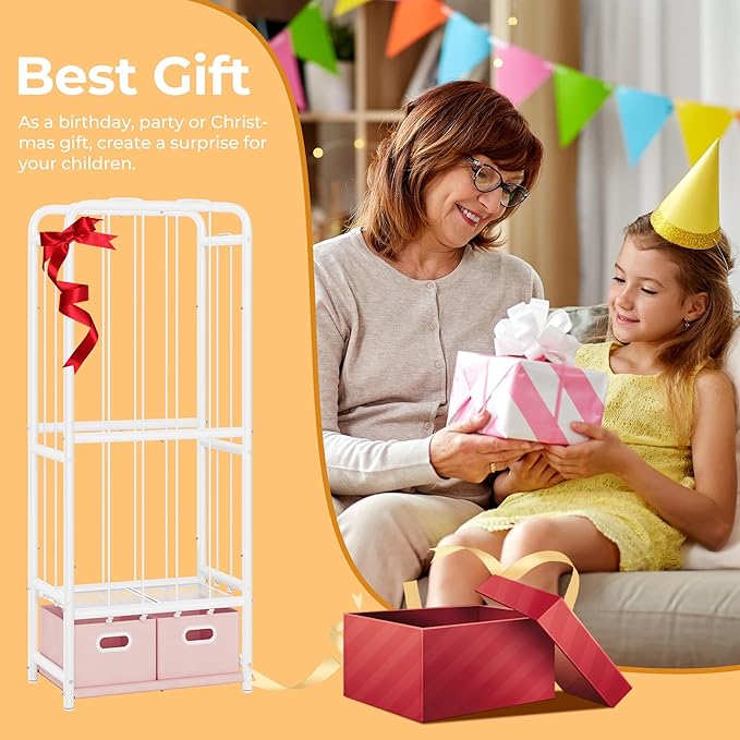 GRANNY SAYS Stuffed Animal Storage Tube with 2 Toy Bins, Plushies Storage, Toy Organizer Holder with Elastic Band and Hooks, Metal Stuff Animal Storage, Kids Toy Storage Organizer for Bedroom Playroom