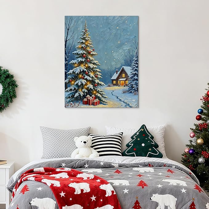 Framed Christmas Pictures Wall Decor,Vintage Pine Tree Prints,Winter Christmas Canvas Wall Art Decoration for Bedroom Bathroom Living Room Rustic Xmas Holiday Gifts (Christmas Tree 20, 20'' X 32'')