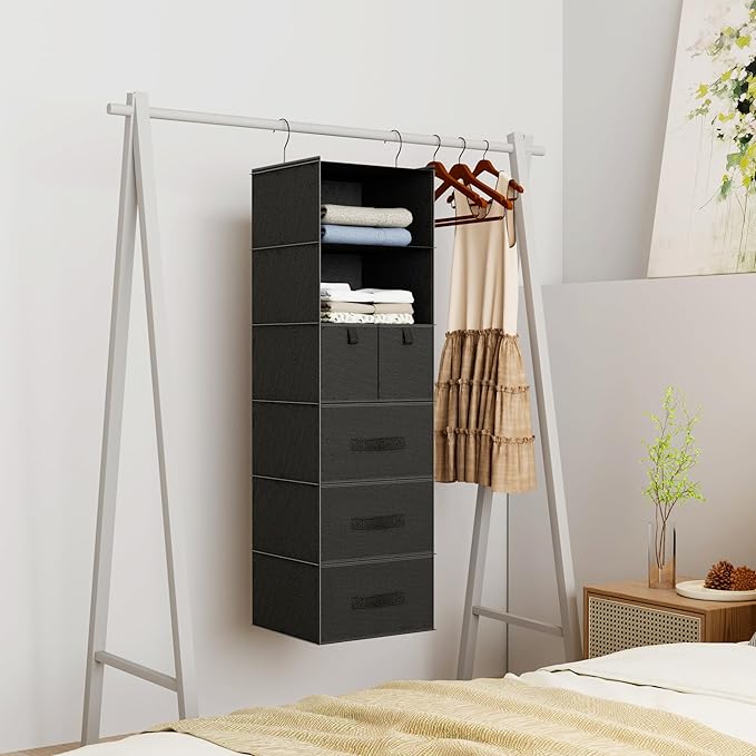 6-Shelves Hanging Closet Organizer with 5 Different Drawers, Foldable Closet Organizers and Storage for Wardrobe, Closet& RV, Clothes and Accessories Storage, Non-Woven Fabric, Black