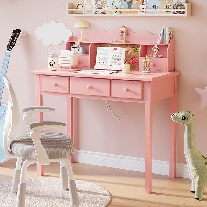 Home Office Furniture Writing Desk,Computer Work Station with Detachable Hutch,5 Drawers(Pink)