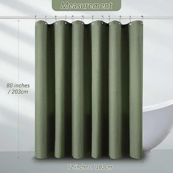 Sage Green Shower Curtain for Bathroom Waffle Textured Heavy Duty 80 Inch Shower Curtain Set for Bathroom, Water Repellent 256GSM Neutral Fabric Shower Curtains with 12 Metal Hooks, 72Wx80H