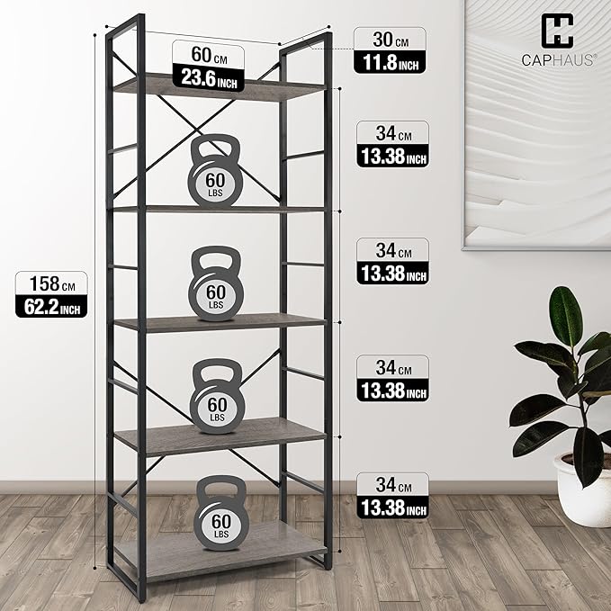 CAPHAUS 5 Tier Bookshelf, 24 Inch Width Free Standing Shelf, Bookcase Shelf Storage Organizer, Industrial Book Shelves for Home Office, Living Room, Kitchen, Dark Grey