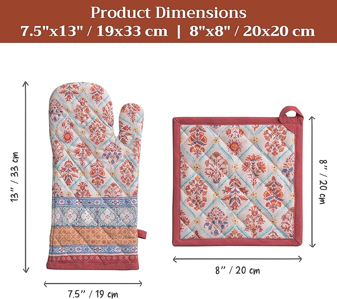 Maison d' Hermine 100% Cotton Oven Mitt & Pot Holder Set (7.5"x13" & 8"x8") Heat Resistant BBQ Cooking Gloves with Loop for Thanksgiving Christmas Decorations Handling Hot Pans (Romane)