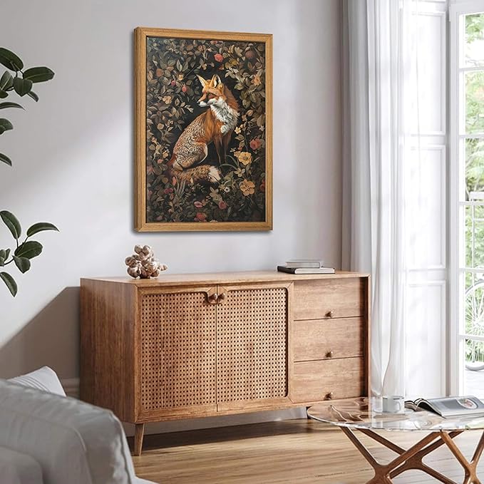 Framed 3D Textured Vintage Wall Art - Dark Academia Decor Hand Drawn Sandstone Fox Paintings with Botanical Florals, Aesthetic Wall Decor for Living Room Bedroom Home 24x36 inch