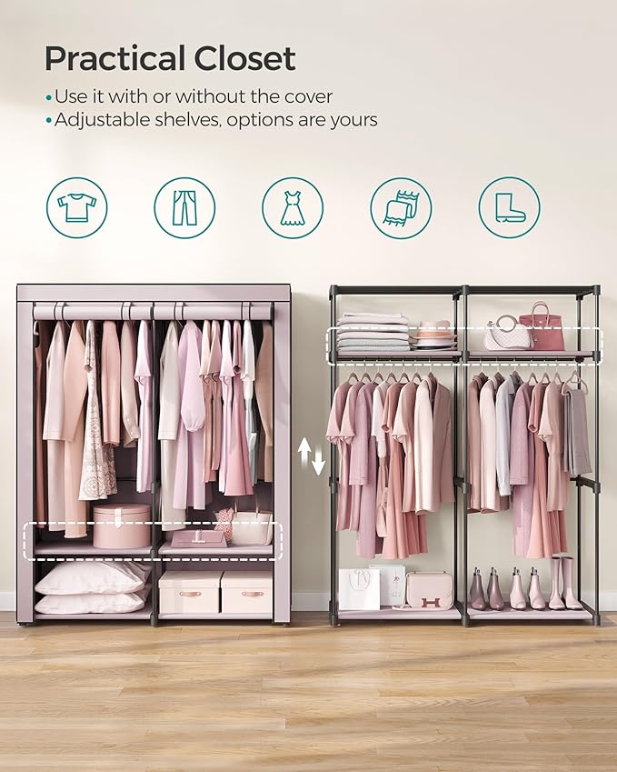 SONGMICS Closet Wardrobe, Portable Closet for Bedroom, Clothes Rail with Non-Woven Fabric Cover, Clothes Storage Organizer, 55.1 x 16.9 x 68.5 Inches, Lavender Purple URYG002P02