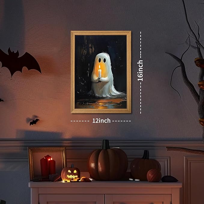 Framed Vintage Halloween Ghost Wall Art - Spooky Candle Ghost Fall Texture Pictures Wall Decor for Living Room, Kids Room, Halloween Bedroom or Party 12x16 inch