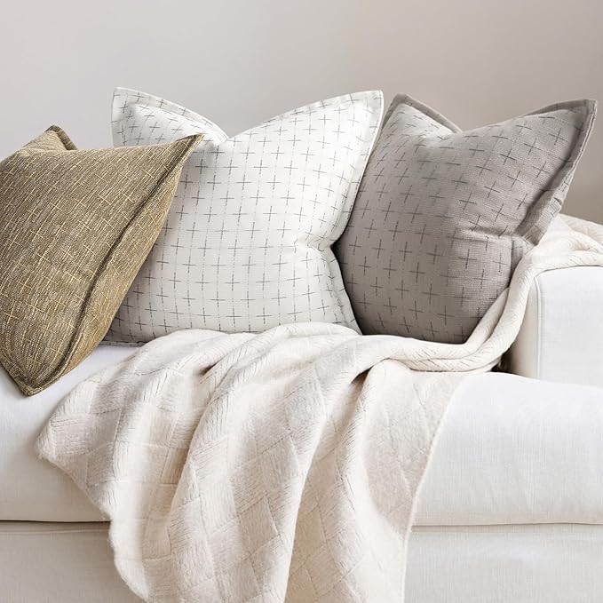 Pillow Covers 24x24 Set of 2 Soft Polyester Textured Pillow Covers with Stylish Flange Edge Cozy Farmhouse Throw Pillows for Couch Bed Sofa Living Room