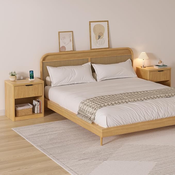 HOMMPA 22'' Fluted Nightstand Set of 2 with Charging Station, Modern Bedside Table w/Storage, Bedside End Table w/Open Compartment, Mid Century Modern Wood Night Stand for Bedroom, Living Room