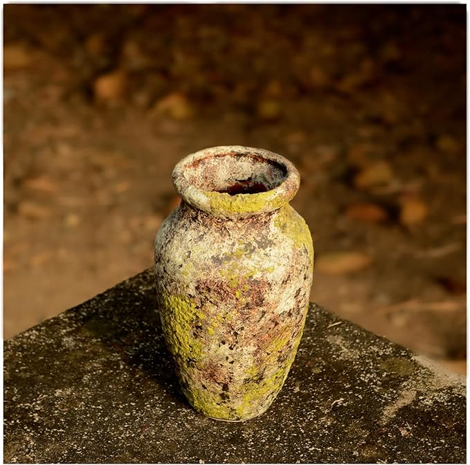 roro Handmade Green Mossy Classical Asian Antiquity Matte Rustic Ceramic Stoneware Vase, 7.5 inch Tall