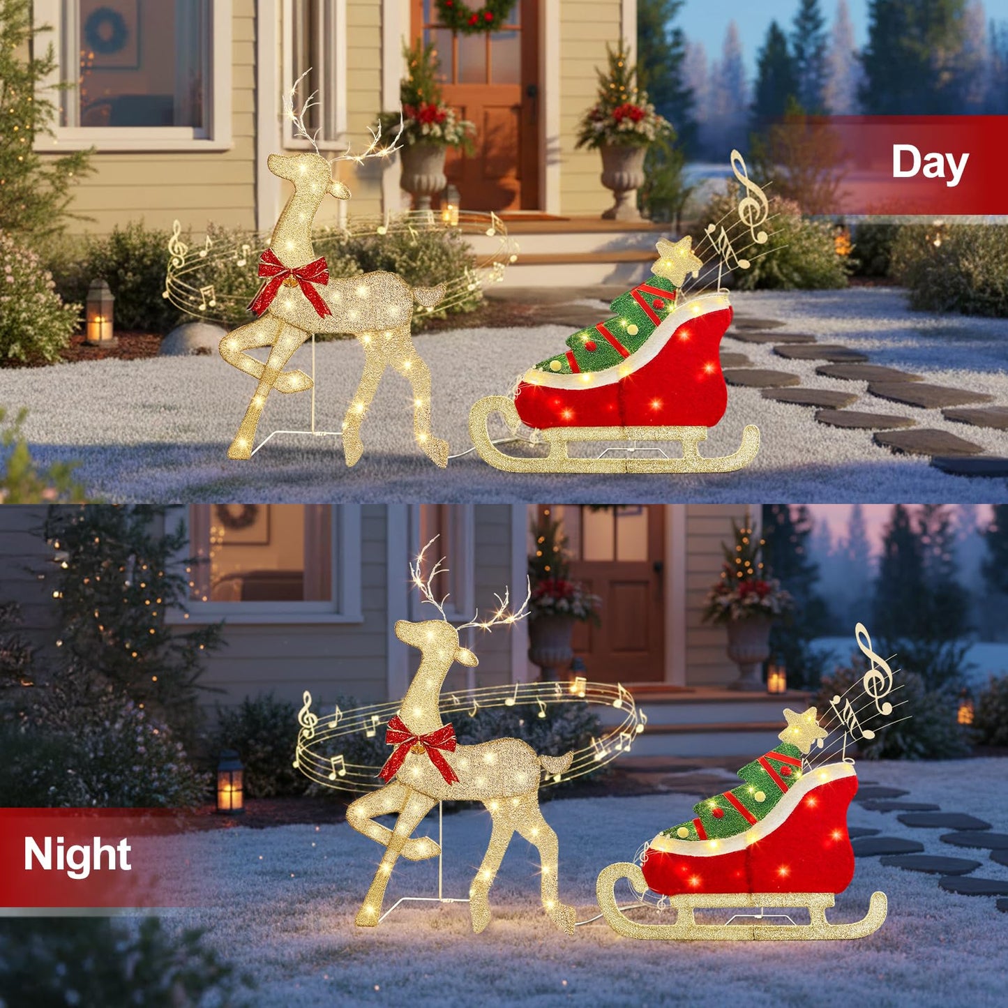 EAMBRITE Christmas Decorations Outdoor, 42 Inch Christmas Reindeer & Sled with 117 Warm White Lights, Motion Sensor 2D Music Lighted Deer Christmas Decor for Xmas Tree Lawn Porch Garden