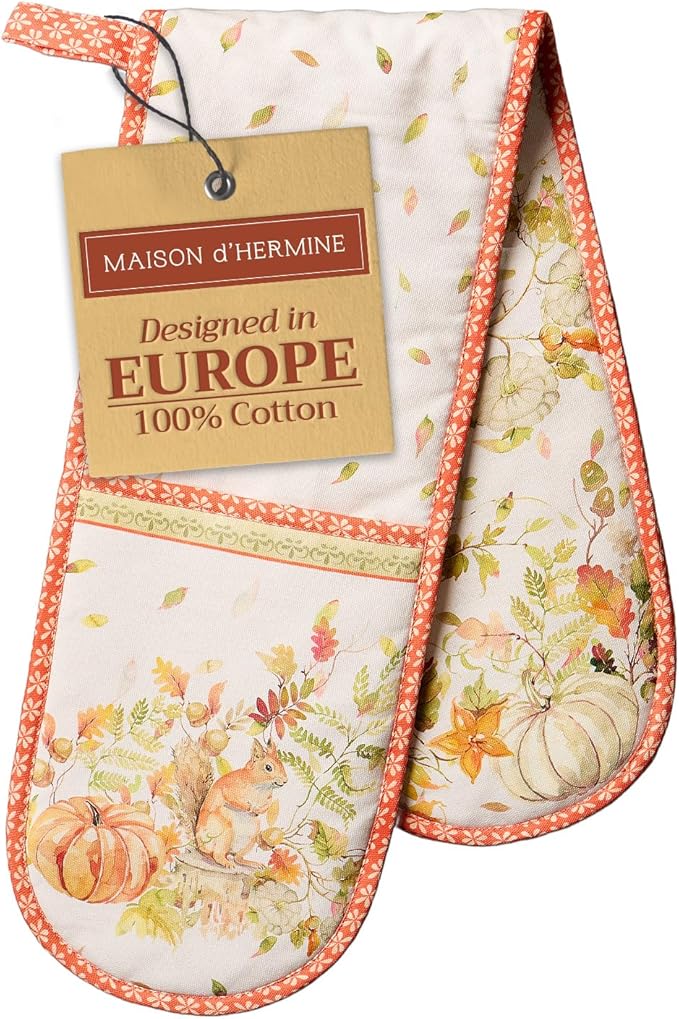 Maison d' Hermine Double Oven Mitt (7" x 35") 100% Cotton Heat Resistant BBQ Cooking Gloves with Loop for Thanksgiving Christmas Decorations Baking Cooking Barbeque Handling Hot Pan (Pumpkin Passion)