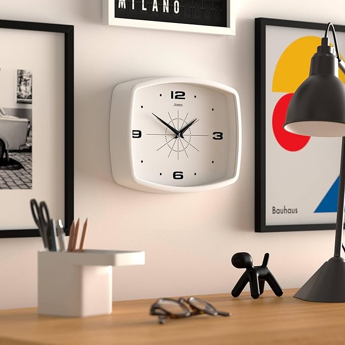JONES CLOCKS® Movie Wall Clock | Retro Rectangular Clock | 10 inch | White | Cool mid-Century Designer Look for Kitchen, Living Room or Office