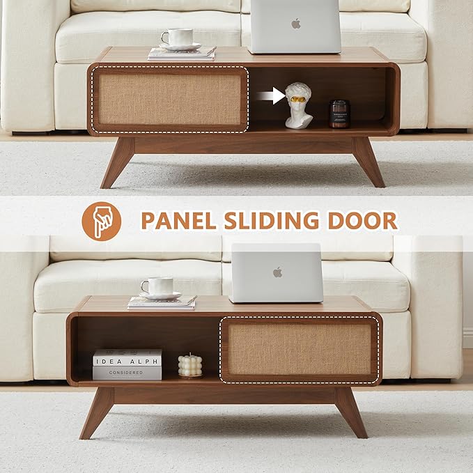AVZEAR Mid Century Modern Coffee Table with Storage, Curved Edge Wood Coffee Table with Sliding Nature Linen Door, Farmhouse Center Table Rectangle Coffee Table for Living Room, Office, Walnut
