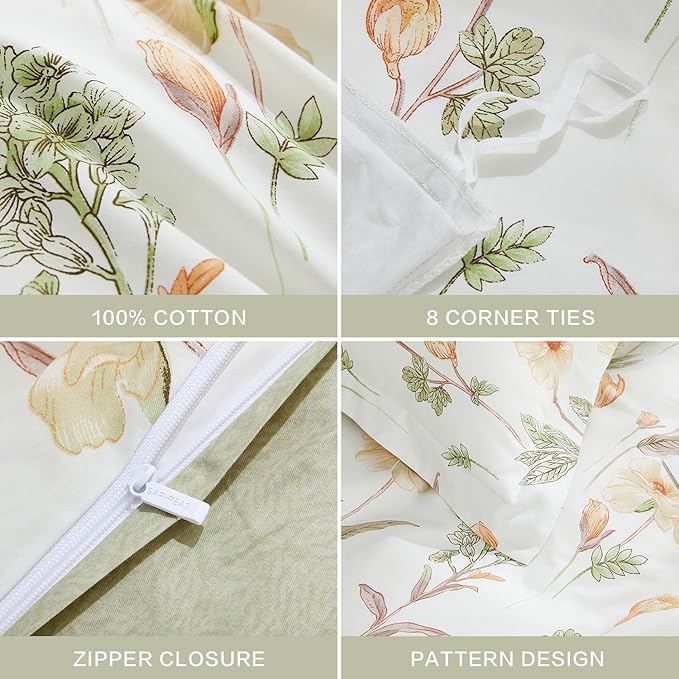 SAPHREAS Floral Duvet Cover Set Queen Size 3pcs Yellow Flower Green Leaf Botanical White Bedding Comforter Cover Set 100% Cotton 1 Duvet Cover 90"x90" 2 Pillow Shams, Comforter Not Included