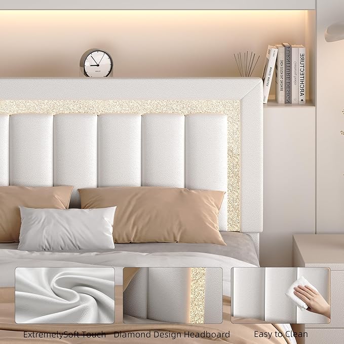 HOMBCK Floating Bed Frame Queen with Smart LED Lights, Faux Leather Upholstered Bed with Diamond PU Headboard, No Box Spring Needed, Noise-Free, Easy Assembly, White