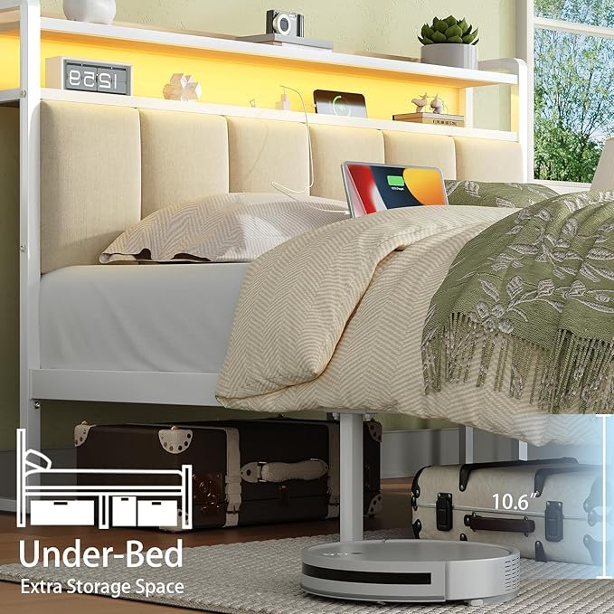King Size Bed Frame with Storage Headboard, Metal Platform Bed Frame King Size with LED Lights and Charging Station, Heavy Duty Metal Slats, No Box Spring Needed, Easy Assembly, Beige