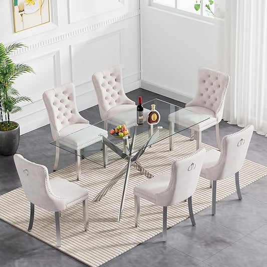 Goujxcy Glass Dining Table Set for 6, Modern Kitchen Table and Chairs Set of 6, 7-Piece Kitchen Dining Room Table Set w/61 Glass Silver Dining Table and 6 Beige Velvet Upholstered Chairs