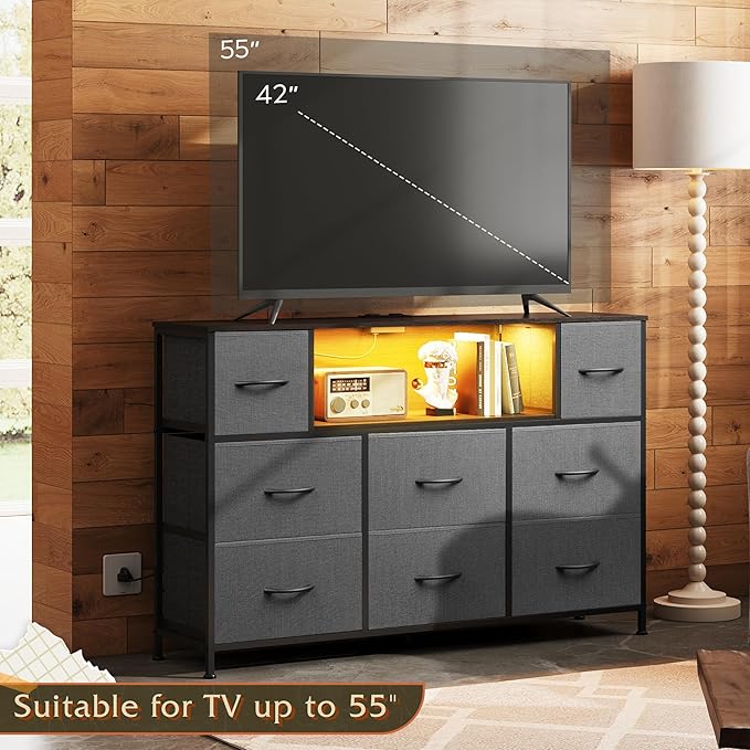 WLIVE Grey TV Stand for 45, 50, 55 inch TV, Entertainment Center with LED Lights & Charging Station, TV Media Console Table with 8 Fabric Drawers and Open Storage Shelves for Living Room, Hallway