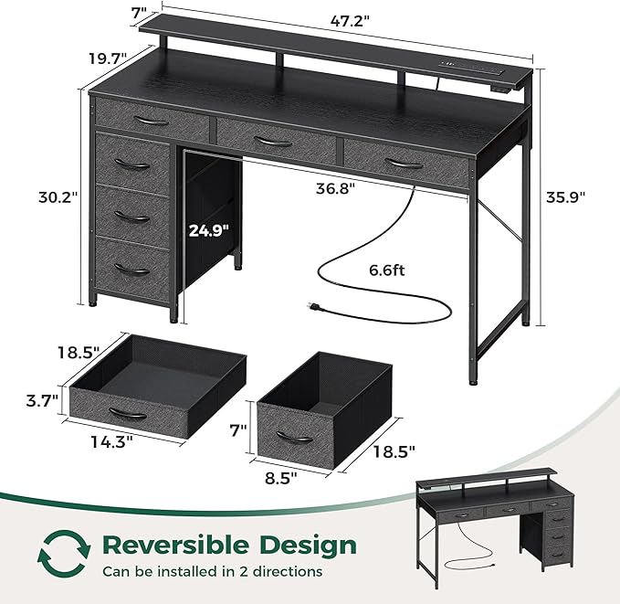 Huuger Gaming Desk with 6 Drawers, Computer Desk with LED Lights Power Outlets and Type-C, 47 Inch Office Desk with Storage, Monitor Stand, Writing Desk Work Desk Home Office, Bedroom, Study, Black