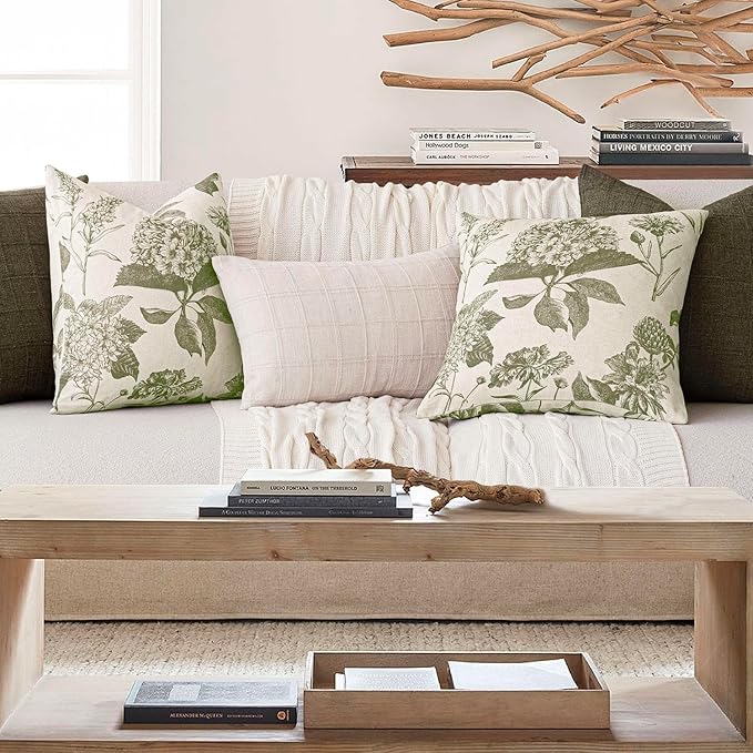 Foindtower Set of 2 Linen Floral Throw Pillow Covers Vintage Accent Print Decorative Cushion Covers Farmhouse Boho Home Decor for Sofa Chair Couch Bedroom Living Room Outdoor,20×20 Inch,Sage Green