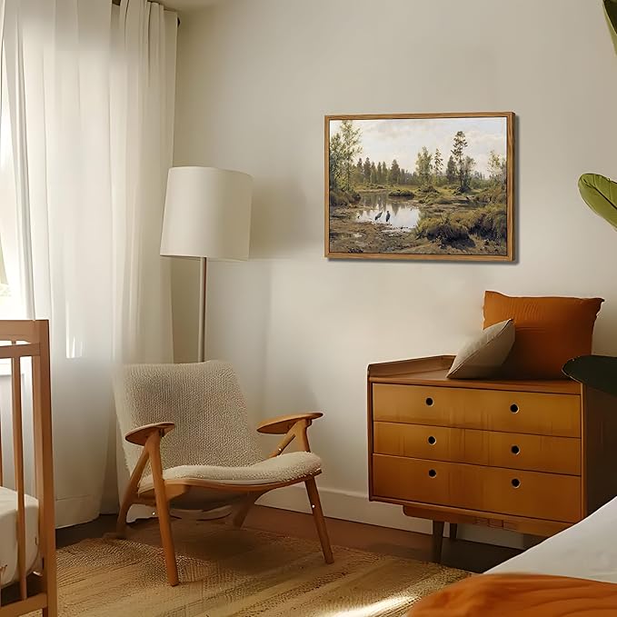 Floating Framed Canvas Wall Art Vintage Decor - Tranquil Marsh Landscape Wall Decor, Countryside Farmhouse Scenery Paintings Prints for Living Room Bedroom Office Decoration 12x16 inch