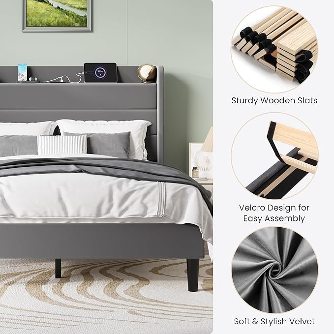 SHA CERLIN Queen Bed Frame with Charging Station, Velvet Upholstered Platform Bed, Wingback Storage Headboard, Type-C & USB Ports, Strong Wooden Slats, No Box Spring Needed, Easy Assembly, Grey