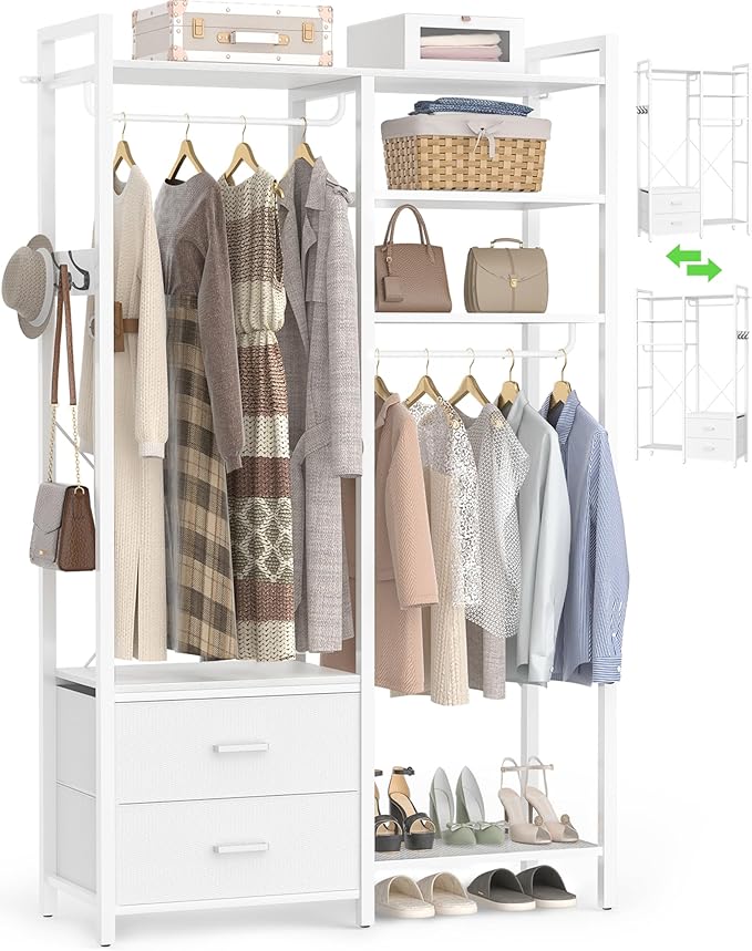 78.7'' Clothes Rack for Hanging Clothes - Reversible Clothing Rack with 2 Drawers, Heavy Duty Garment Racks with Shelves, 6 Tiers Freestanding Portable Closet Wardrobe System with Hanging Hooks, White