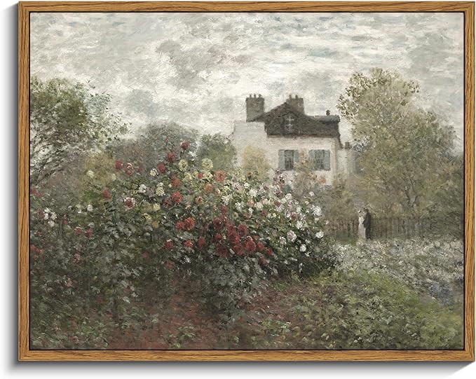 InSimSea Framed Canvas Wall Art Vintage Decor, Garden Full of Flowers Oil Painting Wall Prints by Claude Monet, Retro Scenic Bathroom Decor Wall Art, Farmhouse Office Dining Room Decor, 11"x14"