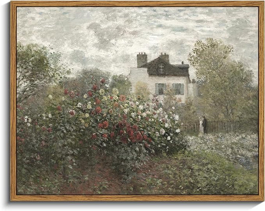 InSimSea Framed Canvas Wall Art Vintage Decor, Garden Full of Flowers Oil Painting Wall Prints by Claude Monet, Retro Scenic Bathroom Decor Wall Art, Farmhouse Office Dining Room Decor, 11"x14"
