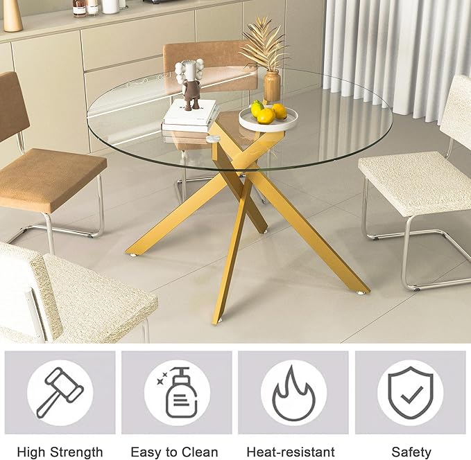 Goujxcy Round Dining Table Set for 6, Modern Glass Kitchen Table and Chairs Set of 6, 7 Piece Dining Room Table Set with 47" Circle Gold Metal Glass Dinner Table and 6 Grey Leather Dining Chairs