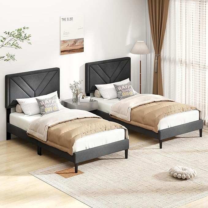 Giantex Twin Bed Frames with Headboard, Modern Upholstered Platform Bed Frame with Diagonal Channel Tufting Headboard, Wooden Slats Support, No Box Spring Needed, Gray